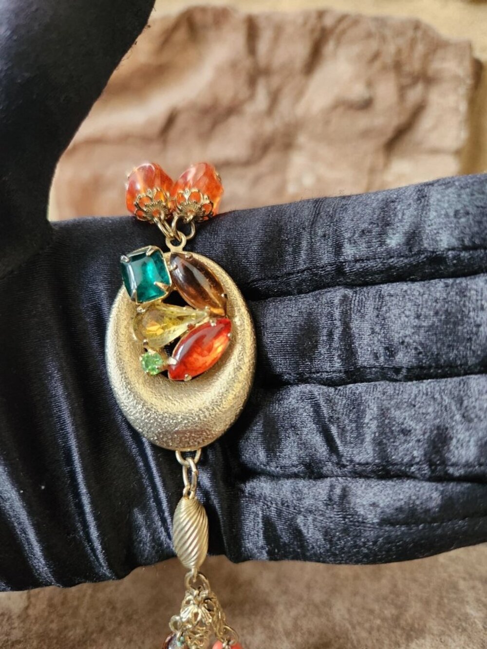 Vtg Statement Necklace Gold Tone Multi Chain & Colored Rhinestone Beaded Tassel - Picture 4 of 16